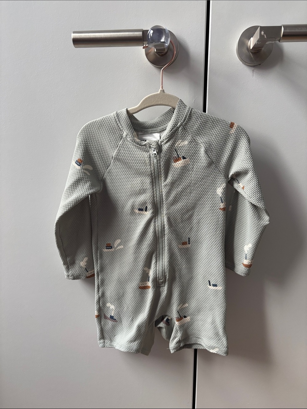 Baby Long-Sleeve One-Piece Zipper Romper in Light Sage with Sailboat Print